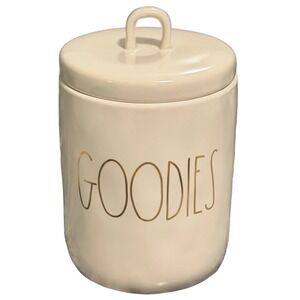 Rae Dunn GOODIES Gold Lettering Ceramic Canister w/ Lid Cream Farmhouse Storage